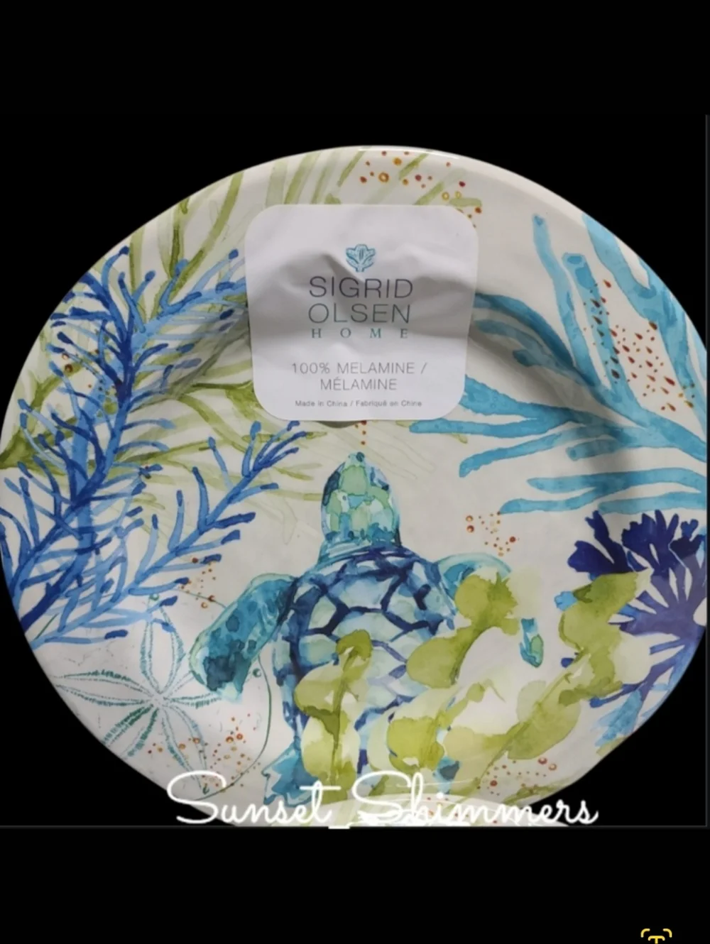 4 Sigrid Olsen Melamine Salad App Dessert Plate Sea Turtle Blue Green Watercolor